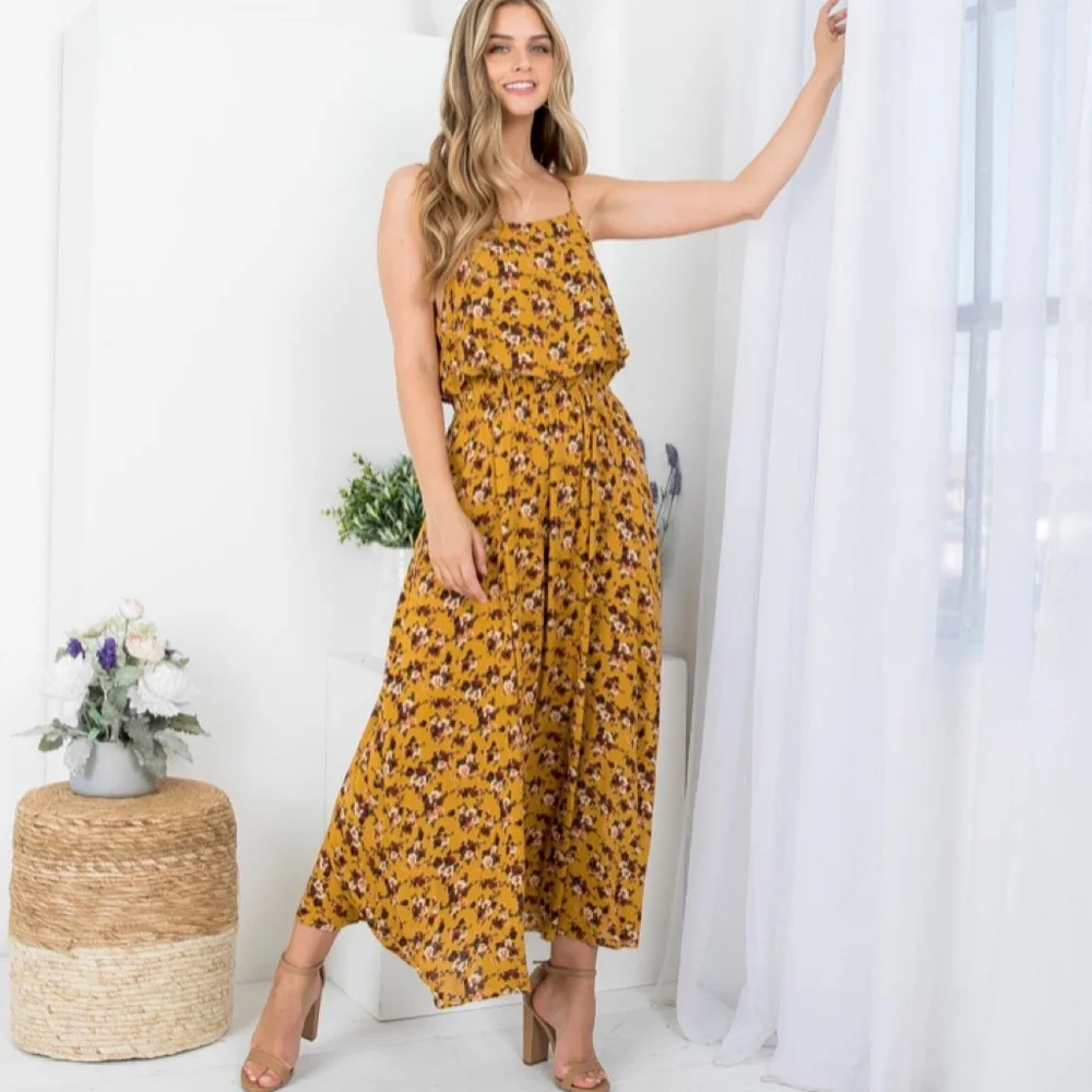 AUDREY 3+1 Mustard Floral Flounce Top Spaghetti Straps Maxi Dress - Picture 3 of 9